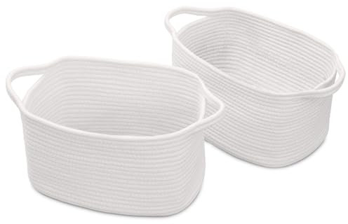 Woodluv Woven Storage Basket of 2, Cotton Rope Basket for Shelves, Baskets Storage for Toys, Books, Shoes, Home Bathroom Décor, 33x23x20cm, White