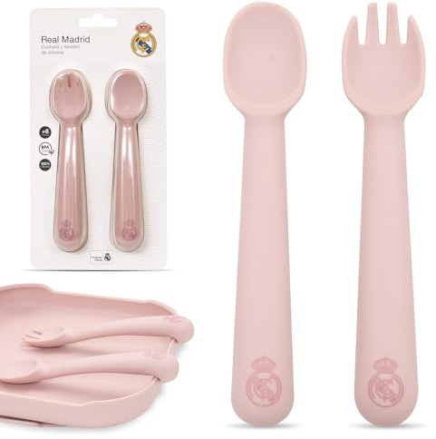 Interbaby - Cuchara y Tenedor Infantil de Silicona Real Madrid Rosa|Apto para Microondas |Apto para Lavavajillas|Libre de BPA