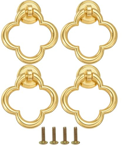 QACUU 4pcs Vintage Brushed Brass Cabinet Knobs, Decorative Gold Drop Ring Handles for Drawers, Ideal for Cupboard Doors, Wardrobe or Kitchen Furniture(with Screws)