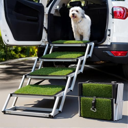 The Fellie Dog Ramp, Folding Pet Steps for Large Dogs with Non-Slip Grass Rug, Portable Dog Ramps for Cars Sofa High Bed and SUV, Truck, Support Up to 250 Lbs, 4 Steps