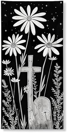 Floral Graveyard Door Cover Banner Decorative, Vintage Black White Chrysanthemum Cross Design Front Door Decor, Indoor Outdoor Halloween Festival Supplies 36x72 Inch