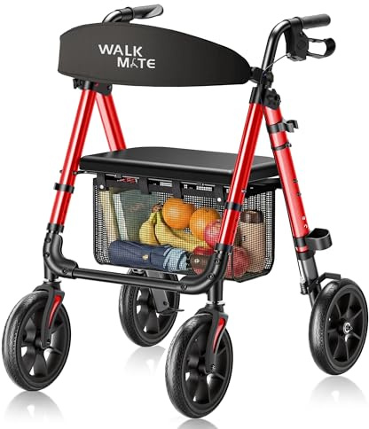 WALK MATE Déambulateur 4 Roues Pliable Léger - Supporte jusqu'à 160kg,Aide à la Marche pour Personnes Âgées, Déambulateur Étroit pour Appartement avec Roues de 25cm Tout Terrain (Rouge)