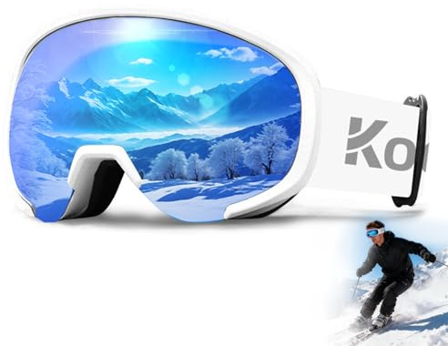 HPLSZCN Skidglasögon, skidglasögon män och kvinnor, snowboardglasögon för glasögonbärare vuxna ungdomar snöglasögon, OTG UV-skydd anti-dimma skidglasögon (sfäriska, vit ram/OKL blå lins)
