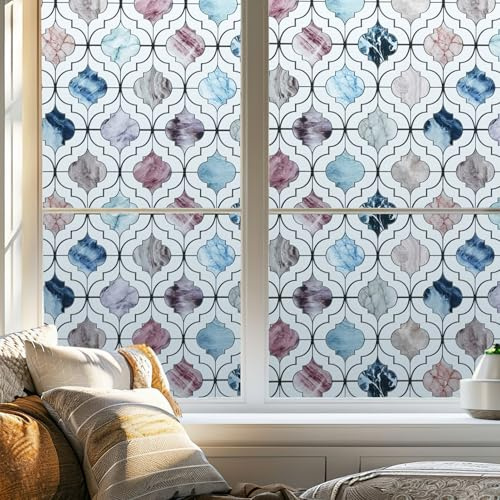 dktie Fensterfolie mit Farbigem Marmormuster Verzierungen Sichtschutzfolie, Statisch Haftende UV-Schutz und Blendschutz, Sichtschutz Getönt, Fensterdekoration 44.5x200cm