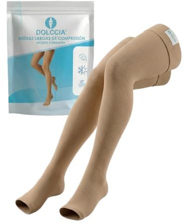 DOLCCIA – Medias Largas de Compresión, Calcetines de Compresión Hasta la Rodilla y Muslo, Transpirable, Mejora Circulación, Descanso de Piernas y Alivio de Cansancio (Pack de 2) (L/XL)