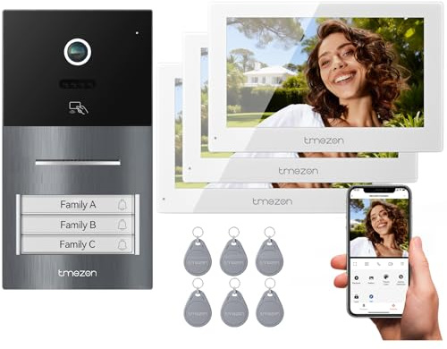 TMEZON Videoportero WiFi 2 Hilos,Sistema de Intercomunicación con 7'' Monitor Táctil a Color,Timbre Metálico de 1080P con Cámara,detección de Movimiento Humano,Desbloqueo en Remoto,para 3 familias