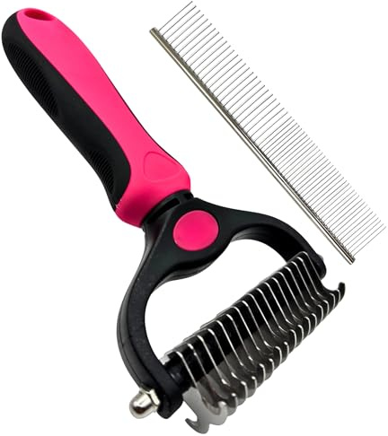 Nestico Dematting Comb for Dogs and Cats | 17+9 Double-Sided Undercoat Rake & Small Stainless Steel Comb | Rust-Resistant Grooming Tool for Long Hair, Mats & Tangles | Pet Deshedding Brush (Pink)