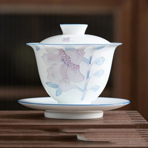 Cuencos de cerámica retro, Juego de tazas té chino Gaiwan Kung Fu, sopera porcelana blanca con lirios pintados a mano, 175 ml