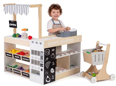 HONEY JOY Kids Grocery Store Playset, Wooden Market Stand Play Store with Canopy & Shopping Cart, Toddler Supermarket Checkout Stand w/Blackboard & Accessories, Grocery Store Pretend Play (Natural)