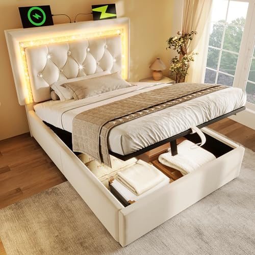Qsddk Polsterbett Kinderbett 90x200 mit LED-Diamantband & USB-Ladestation | Für Schlafzimmer, Hydraulisches Bett mit Stauraum, Stauraumbett, Bettgestell mit Lattenrost, Samt, Beige, Ohne Matratze