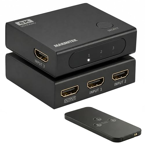 Marmitek AS38 - Switch HDMI 8K - 4K@240Hz - Conmutador 3 entradas 1 Salida | Conmutador HDMI 2.1 para PS5, Xbox y monitor, 4K 120Hz/144Hz/165Hz/240Hz, 48 Gbps, cambio automático, VRR, ALLM y DSC