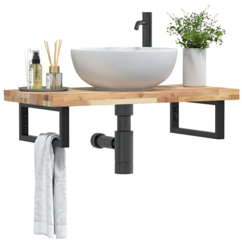 LoogCape Étagère de lavabo murale en acier et bois d'acacia pour lavabo, meuble de salle de bain, WC suspendu ou debout, étagère avec espace de rangement, 60 x 40 cm