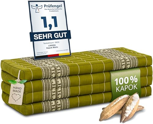 livasia Nachhaltige Klappmatratze aus Kapok - 200x110x8cm - breite Gästematratze, Faltbare Matratze, ökologische Yogamatte, klappbares Gästebett, Liege für Garten und Balkon (Grün/Elefanten)