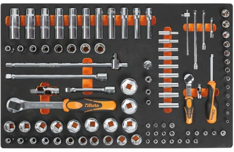Beta M100 Werkzeug-Set im Schaumeinsatz (98-teilig: Sechskant-Steckschlüssel 1/2, 1/4, 3/8 verschiedene Größen und Verlängerungen, Umschaltknarre 1/2, 1/4 und vieles mehr), Schwarz/Orange