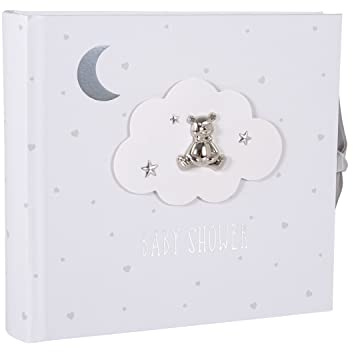 Happy Homewares Beautiful Ivory White Baby Shower Photo Album with Silver Plated Teddy Bear and Stars | Holds 80 Photos | Luxurious Grey Fabric Ribbon