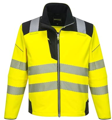 Portwest T402 Men's PW3 Hi Vis Safety Jacket - Windproof Water Resistant High Visibility Reflective Softshell Jacket Yellow/Black, Medium
