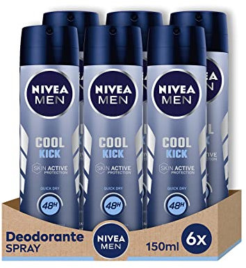 NIVEA MEN Cool Kick Spray 6 x 150 ml, Deodorante uomo per una protezione efficace 72h, Deodorante spray antitraspirante senza alcool e dermotestato dalla profumazione fresca e rivitalizzante