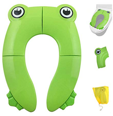 Foldable Potty Toilet Seat, Toilet Training Seats Portable Potty Travel Toddler Toilet Seat Pads for Baby Kids with 4 Anti Slip Silicon Pads and 1Bag Prevent Germs Spread (Green)