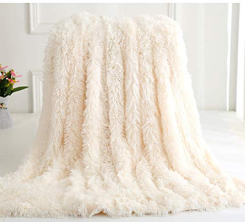 Nicole Knupfer Kuscheldecke Felldecke Langhaar Decke Microfaser Kunstfell Decke Flauschig Klimaanlage Decke für Couch Bett (Weiß,130 x 160 cm)