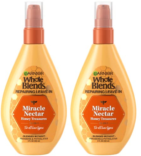 Garnier Whole Blends Sulfate Free Remedy Miracle Nectar 10-in-1 Repairing Leave-In Conditoner for All Hair Types, Honey Treasures, 5 Fl Oz, 2 Count (Packaging May Vary)