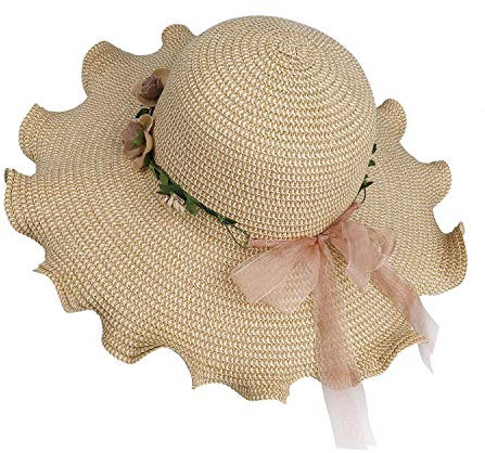 MaoXinTek Frauen Strohhut Faltbar Bohemia Wide Rand Sonnenhut UV Schutz Raffia Sonnenhüte mit Blumendekoration für Tourismus Reise Urlaub Wandern