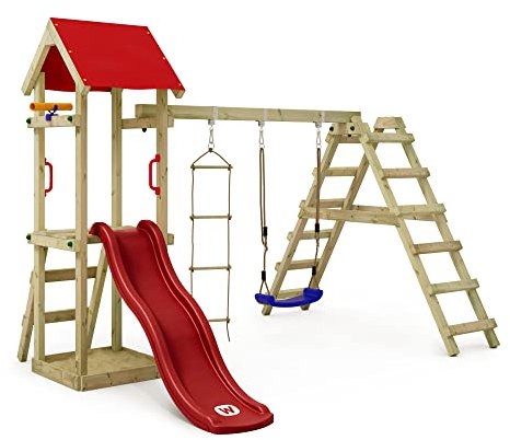 WICKEY Spielturm Klettergerüst TinyLoft mit Schaukel & roter Rutsche, Outdoor Kinder Kletterturm mit Sandkasten, Leiter & Spiel-Zubehör für den Garten