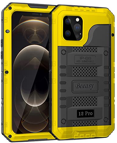 Beeasy für iPhone 12 Pro Wasserdicht Outdoor Hülle (6,1), Stoßfest Panzerhülle Militär 360 Grad Schutzhülle mit Displayschutz, Robust Metall Heavy Duty Handyhülle iPhone 12 Pro Case, Gelb