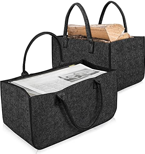 VA-Cerulean Kaminholzkorb Filz 2 Stück Filztasche Groß Holzkorb für Kaminholz mit Tragegriffen Faltbar Filztaschen Kaminholztasche für Zeitungskorb Shopper 50 x 25 x 25 cm (Type A, Dunkelgrau)