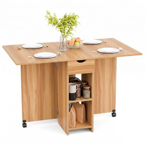 Mondeer 120cm Esstisch Klappbar,Küchentisch mit Rollen für 2-4 Personen | Platzsparender Klappbarer Klapptisch mit Schublade und Ablagen für kleine Räume,Esszimmer,Küche,Roteiche