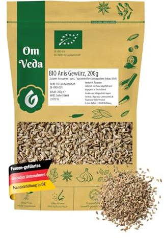 BIO Anis Gewürz ganz | Anissamen Anistee Anisfrüchte Saat | Kochen Backen Tee | Organic Bio-Qualität DE-ÖKO-039 | Aniseed Anise seed | OmVeda (200g)