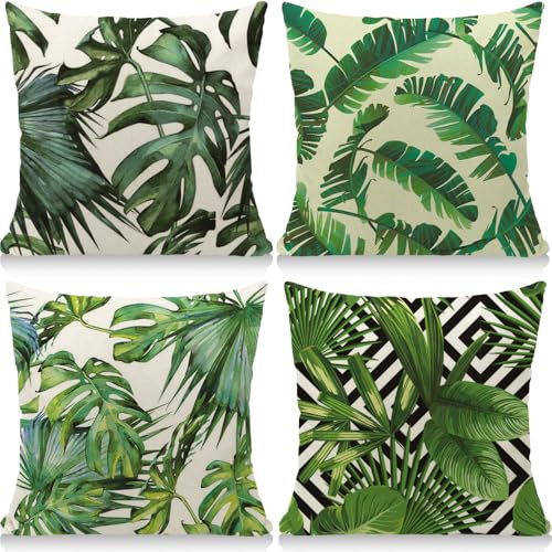 Cirzone Kissenbezugen 4 Stück 45 x 45 cm Dekorative Outdoor Kissen Atmungsaktiv Tropische Pflanzen Kissenbezugen Werden, Einfarbig für Sofakissen Garten Outdoor