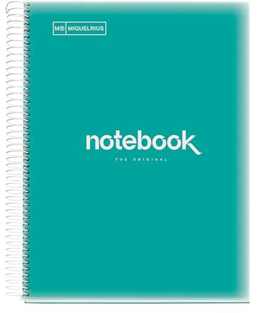 Miquelrius - Notizbuch A4 Notizblock Emotionen, 160 Seiten 90 g/m², Raster 5 x 5 mm, 8 farbige Streifen, Mikroperforierte Spirale, Polypropyleneinband, 4-Loch-Lochung, Raster Notizbuch, Türkis