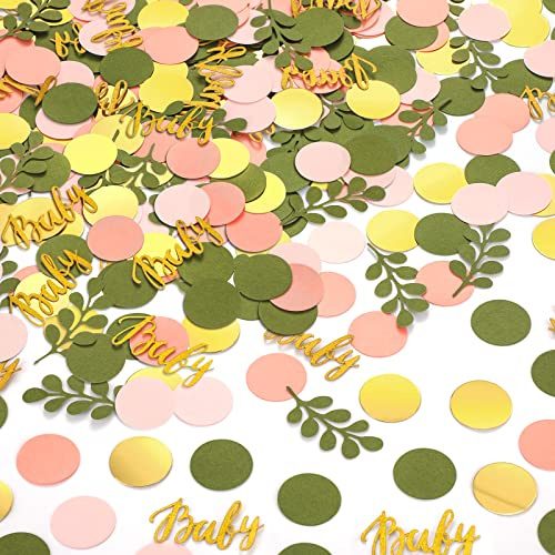 400 Pcs Sage Olive Green Baby Shower Confetti Scatter Decorations Peach Blush Pink Table Confetti Dots with Eucalyptus and Gold Baby Scatter for Gender Reveal Decor