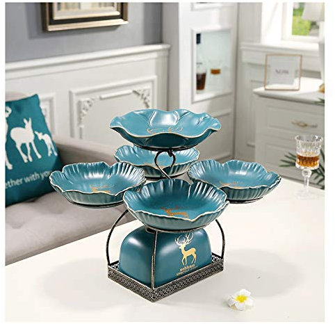 TOMYEUS Fruit Bowls 2 Tier Fruit Bowl Set with Metal Rack Five Ceramic Fruit Bowl Serving - Tiered Serving Stand - Dessert Appetizer Cake Candy （with tissue box Fruit Vegetable Bowls (Color : B)