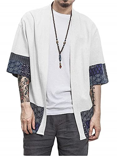 PERDONTOO Sommarjacka mode herr jacka kofta par kimono kappa casual korta ärmar säckig toppar, Vit, M