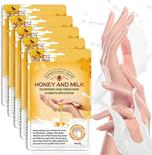 5 Paar Handmasken, Honig und Milch Feuchtigkeitsspendende Handpflege, nährend, weichmachend, peelend, regenerierend, für trockene, gealterte und rissige Hände
