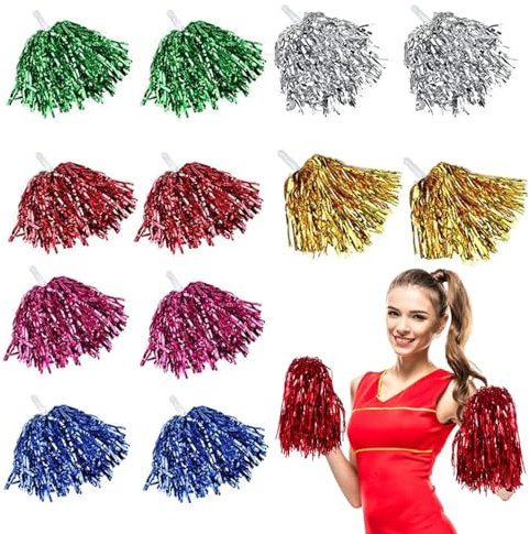 xutong 12 Stücke Cheerleader-Pompons, Hell Metallic Cheers Ball Zum, Schule Sport Prost Tanz Verrücktes Kostüm Kleid Nacht Party .(Gold, Silber, Blau, Rosenrot, Grün und Rot)