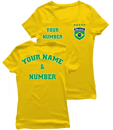 lepni.me T-shirt för Kvinnor Brasilien Fotbollströja med Ditt Namn och Nummer | Brasiliansk Flagga Märke Personlig Jersey Custom | VM 2022 (XXL Gul Flerfärgad)