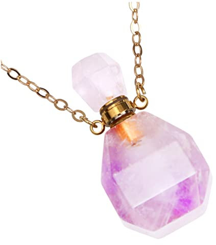 Didiseaon Women Long Necklace Natural Crystal Fluorite Aroma Essential Oil Diffuser Perfume Bottle Pendant Necklace Irregular Jewelry Purple Mini Bottle