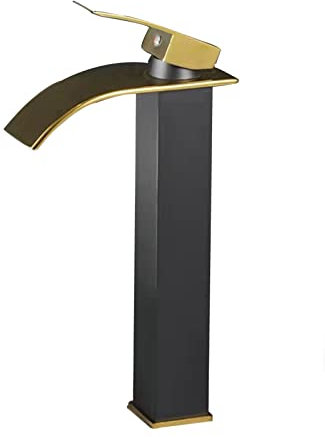 Waschtischarmatur Hoch, Einloch Wasserfall-Armatur Aufsatzwaschbecken, Messing-Einhebelmischer Waschbecken,schwarz+gold