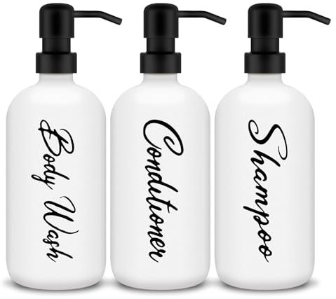 Seifenspender Set 500ml Glas Seifenspender Spülmittelspender Shampoo Spender Seifenspender für Küche und Bad (Weiß - Edelstahl)