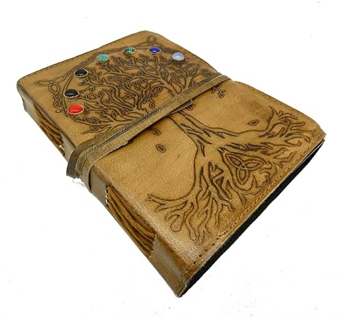 CRIGEMA Tagebuch aus Leder – handgemachtes Notizheft – weiße Blätter – 17,5 x 12,5 cm – 240 Seiten (Baum des Lebens Chakra-Steine)