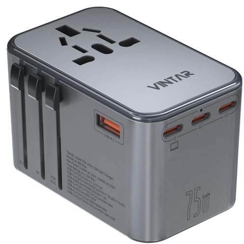 Universal Travel Adapter, VINTAR 75W GaN International Power Adapter with 3 USB C PD and 2 USB A QC, All in One Travel Essentials for UK/EU/USA/AUS, Travel Adapter Worldwide for Laptops Phones, Grey