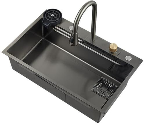 Impianti Lavello A Cascata Con Rubinetto Estraibile Lavabo Da Bar Da Cucina Da 68/75/80 Cm Lavelli Sopra E Sottopiano In Acciaio Inox Lavello Lavastoviglie Con Accessori Completi cucina (Color : Blac