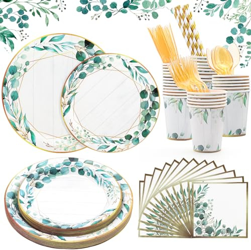 Sage Green Paper Plates Napkins Cups Set -192 Pcs Green and Gold Party Tableware Baby Shower Supplies Dishes Cups and Napkins for Birthday Wedding Safari Baby Shower Party Decorations