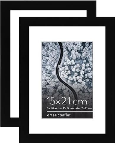 Americanflat 15x21 cm Bilderrahmen Set aus MDF-Holz mit 10x15 cm Passepartout (2er Pack) - 21x15 cm Fotorahmen inkl. Ständer und integrierter Aufhängung für Hoch- und Querformat - Schwarz