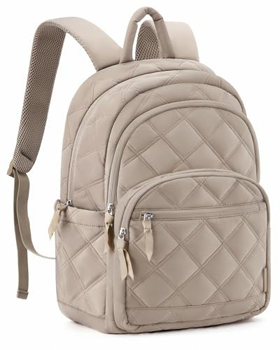 BAGSMART Travel Laptop Backpack, College Backpack for Women, Quilted Small Computer Bookbag, Water-Resistant 15.6 Inch Laptop Casual Bag, Beige