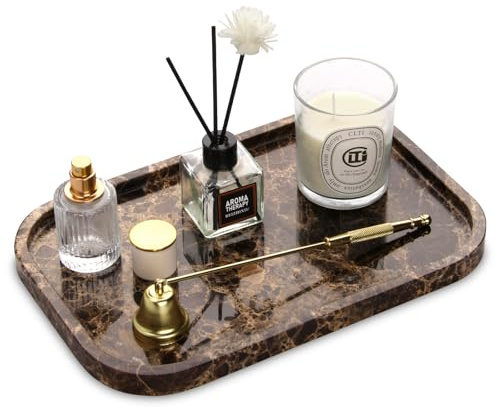 Marble Bathroom Vanity Tray, Natural Marble Home Kitchen Bathroom Table Tray, Stone Decorative Countertop Serving Trays for Coffee Perfume Jewelry Makeup (Dark Brown L)