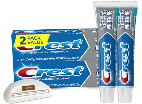 Dental Care Set: CRST Cavity Protection 2-Pack + LUXPAKS Squeezer | Toothpaste 2-Pack, Cavity & Tartar Protection, Whitening Baking Soda, Reusable Squeezer Included