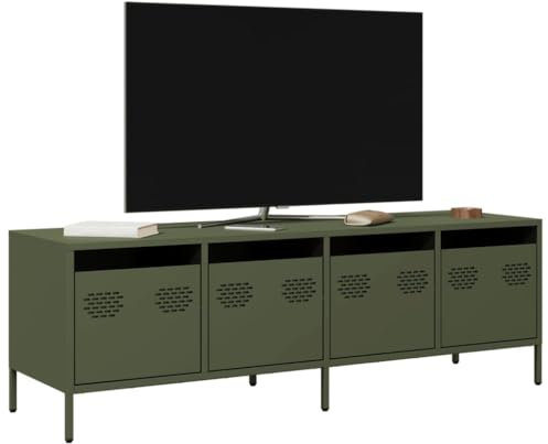 Sufrk Meuble TV vert olive, 135 x 39 x 43,5 cm, en acier laminé à froid, meuble TV mobile, meuble de télévision, meuble industriel, table basse vintage, console pour salon